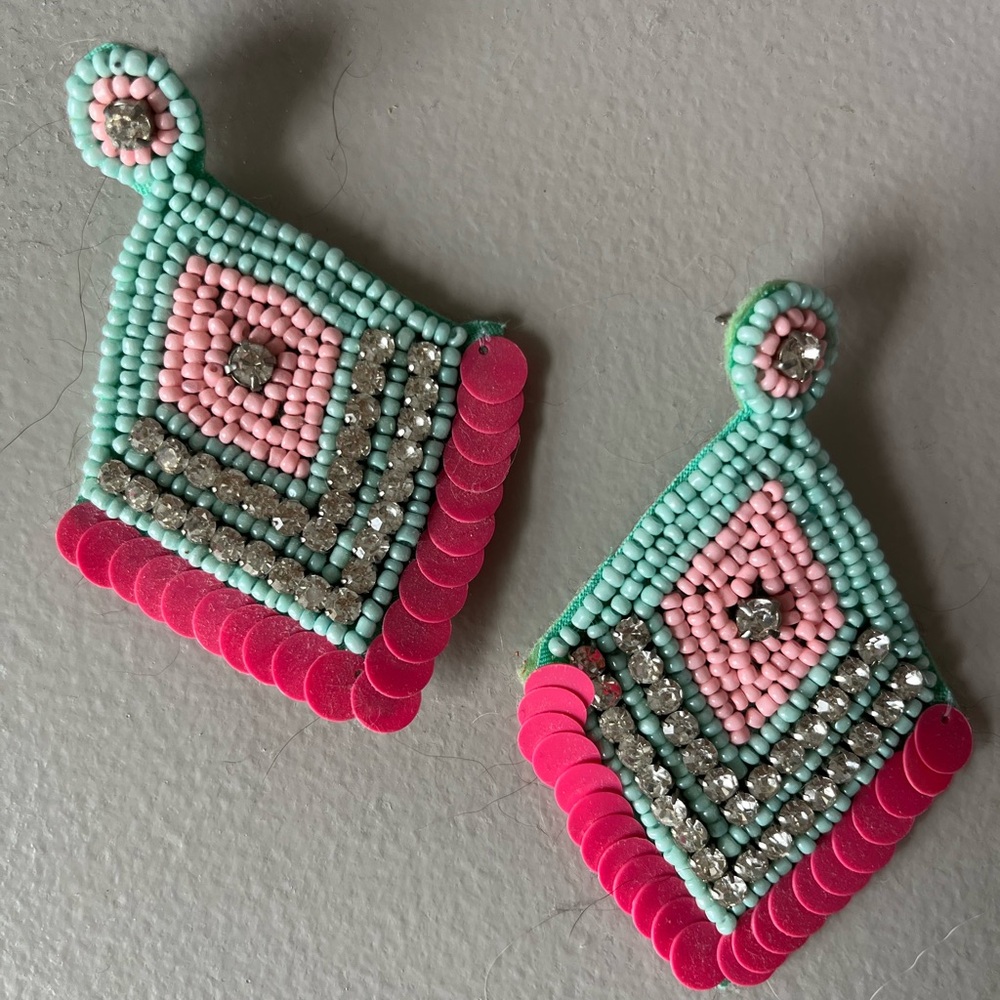 Beaded Pink & Aqua Diamond Drop Earrings